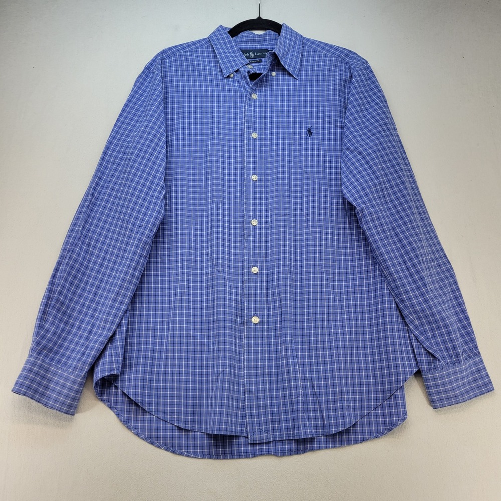 Ralph Lauren Button Down Shirt Mens L Blue Plaid Classic Fit Long Sleeve Pony